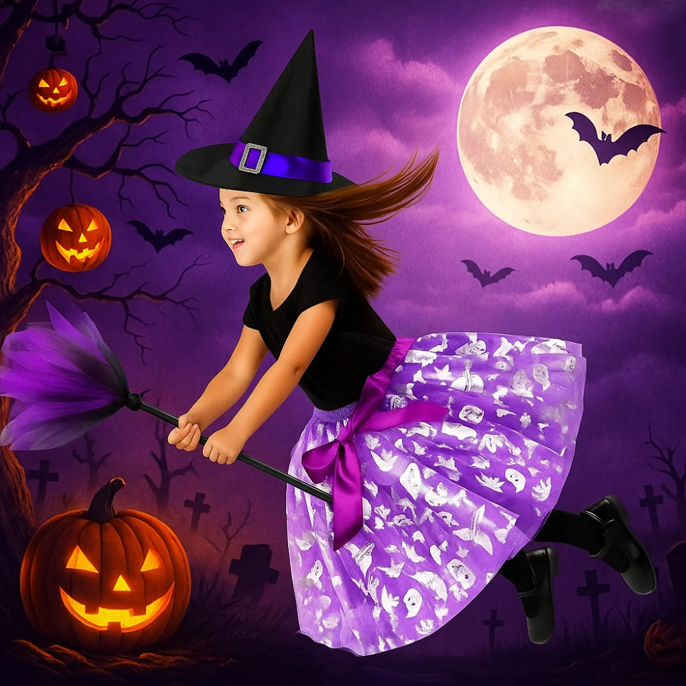 3 Teile/satz Zauberer Kinder Halloween Kostüme Besen Spitze Hut Kinder Hexe Kleid Set Kostüm Cosplay Requisiten Helle Farbe