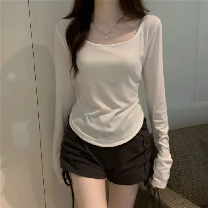 Short U-neck Irregular Long Sleeved T-shirt for Women in Autumn and Winter, Suitable for Wearing as a Base Top with a High-end F