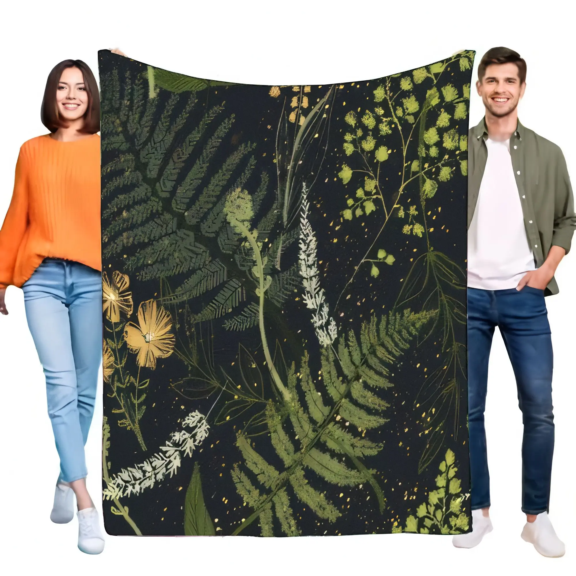 Botanische Farnblatt-Plüsch-Überwurfdecke für Sofa, Bett, dunkelgrünes Gold-Blumen-Naturmuster, ultraweiche, gemütliche Flanell-Heimdekoration