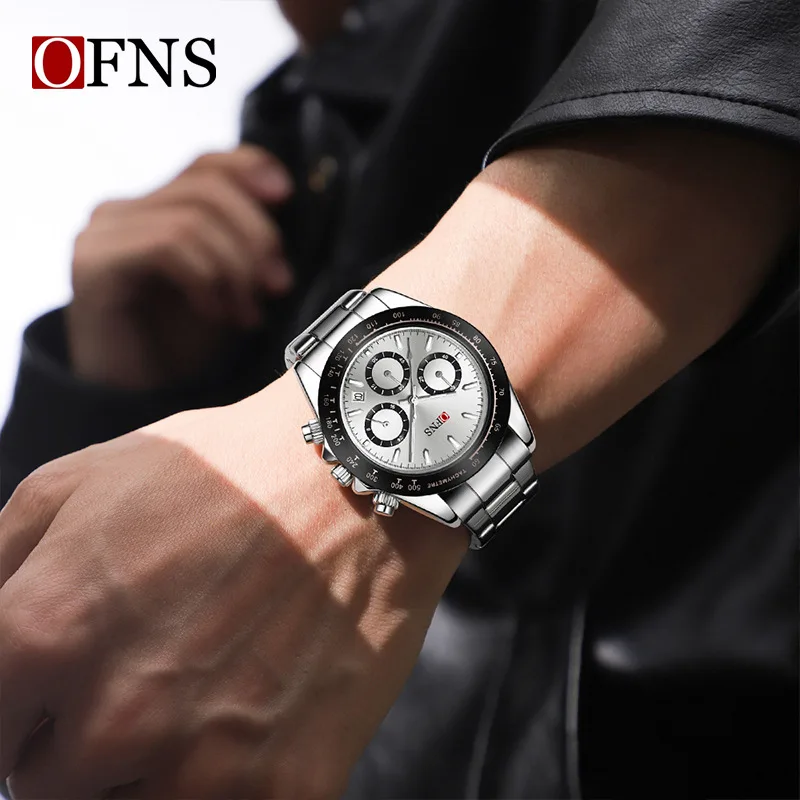 OFNS7103 Men's Quartz Watch with Three Eyes, Six Needles, Fluorescent Scale, Waterproof, Business and Leisure Watch Gift