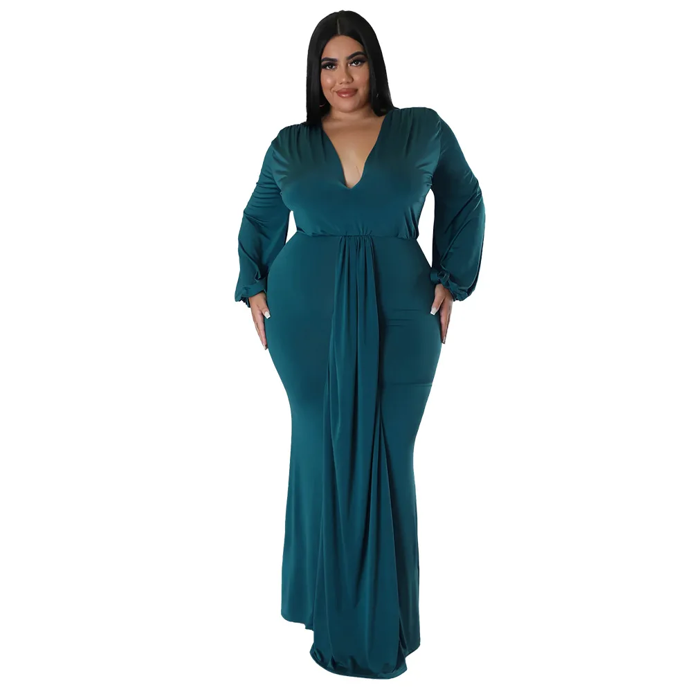 L-4XL sólido manga comprida com decote em v irregular elegante vestidos tamanhos grandes para as mulheres 2022 sexy roupas de baile queda roupas dropshipping