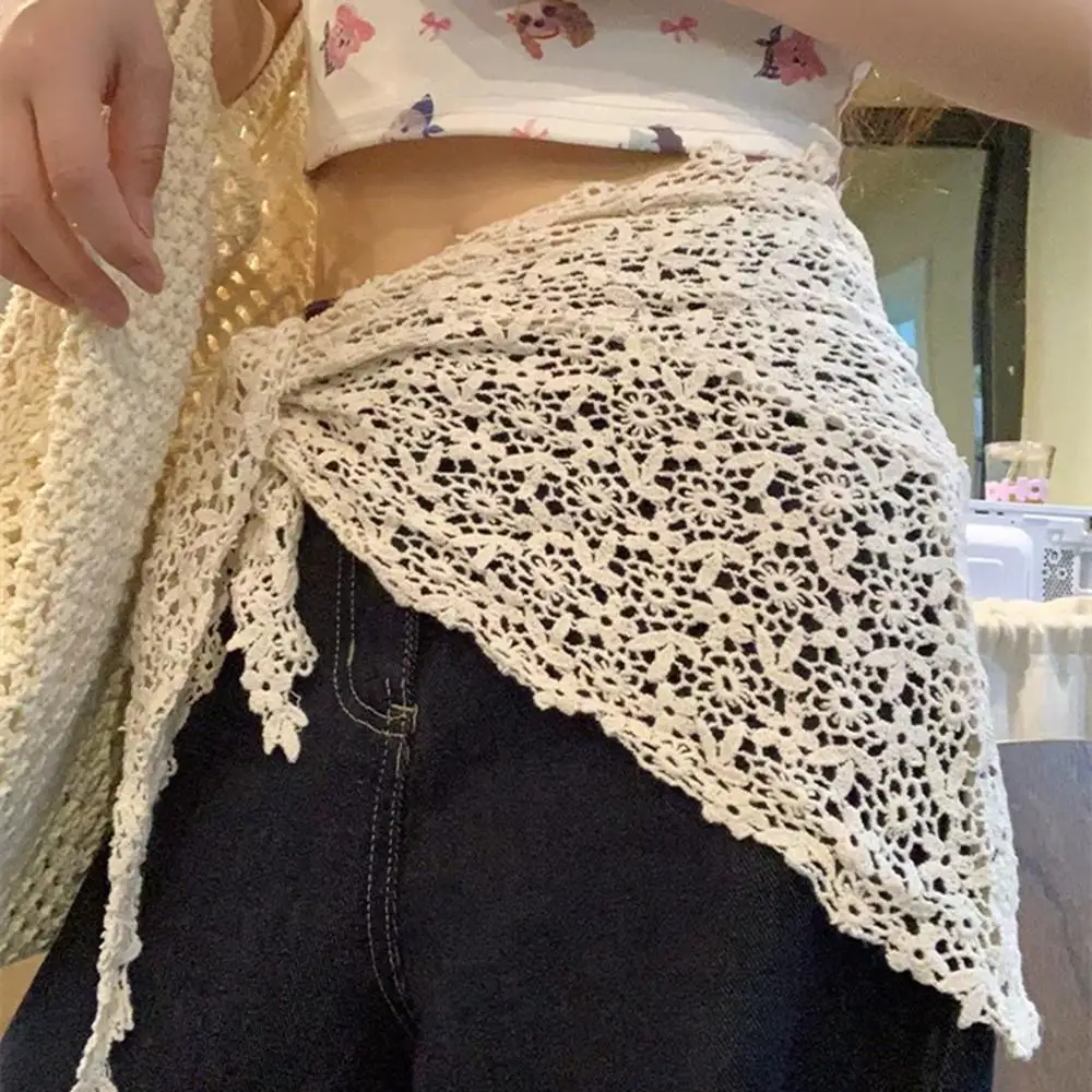 

Летний кружевной вязаный платок-бандана в стиле ретро, треугольный платок на шею, ручной работы, вязаный крючком, повязка на голову, бохо-ремень на талию, аксессуары для фотосессий