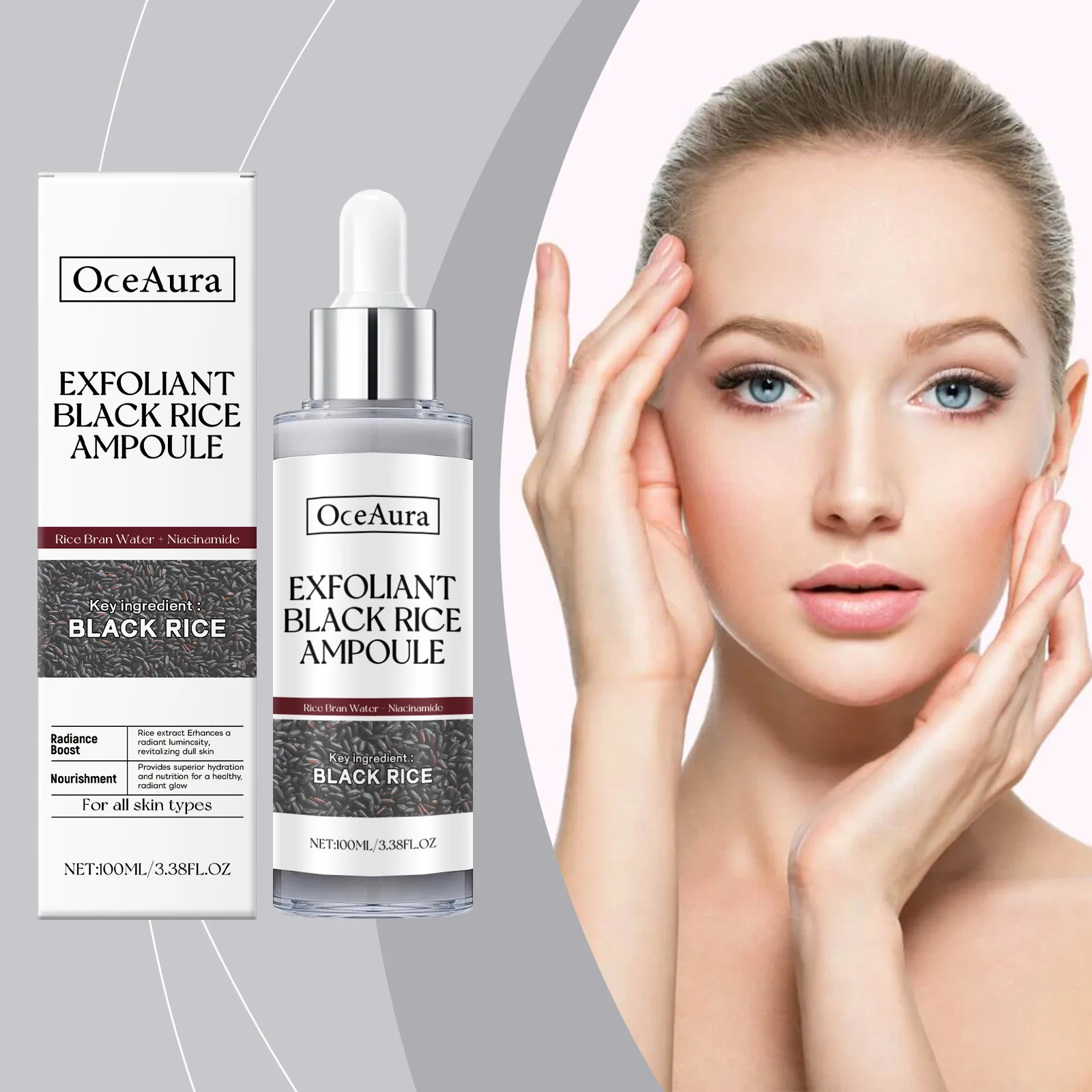 OCEAURA Black Rice Exfoliate Essence Reduce Blackheads Remove Dead Skin Shrink Pores Brightening Hydrate Skin Moisturize Essence