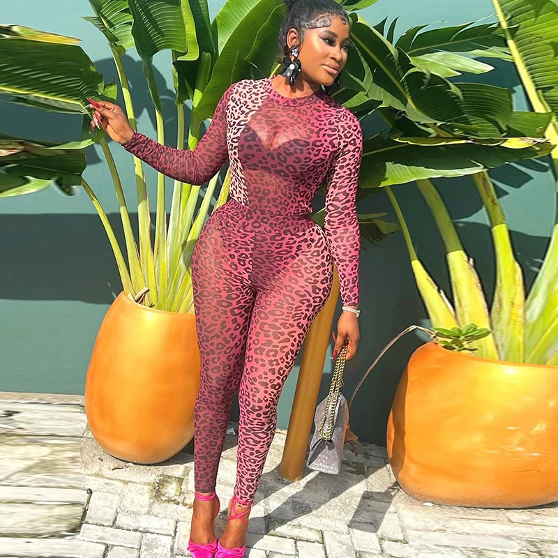 Sexy Leopard Gedruckt Sheer Club Outfits Frau Zwei Stück Set Lange Hülse O-ansatz Overall Top und Hosen Nacht Party Passenden Sets