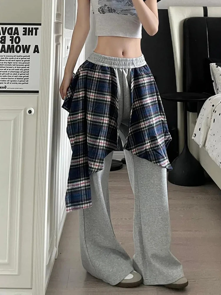 Vintage Streetwear Women Pants Plaid Fake Two Pieces Patchwork Loose Casual Trouser Harajuku Solid High Waist Wide Leg Pants New