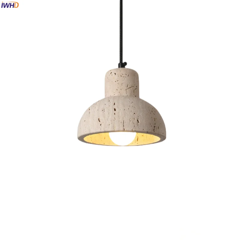 

IWHD Wabi Sabi Stone LED Hanging Lamp Bedside Living Room Home Design Loft Yellow Travertine Vintage Pendant Lighting Lamparas