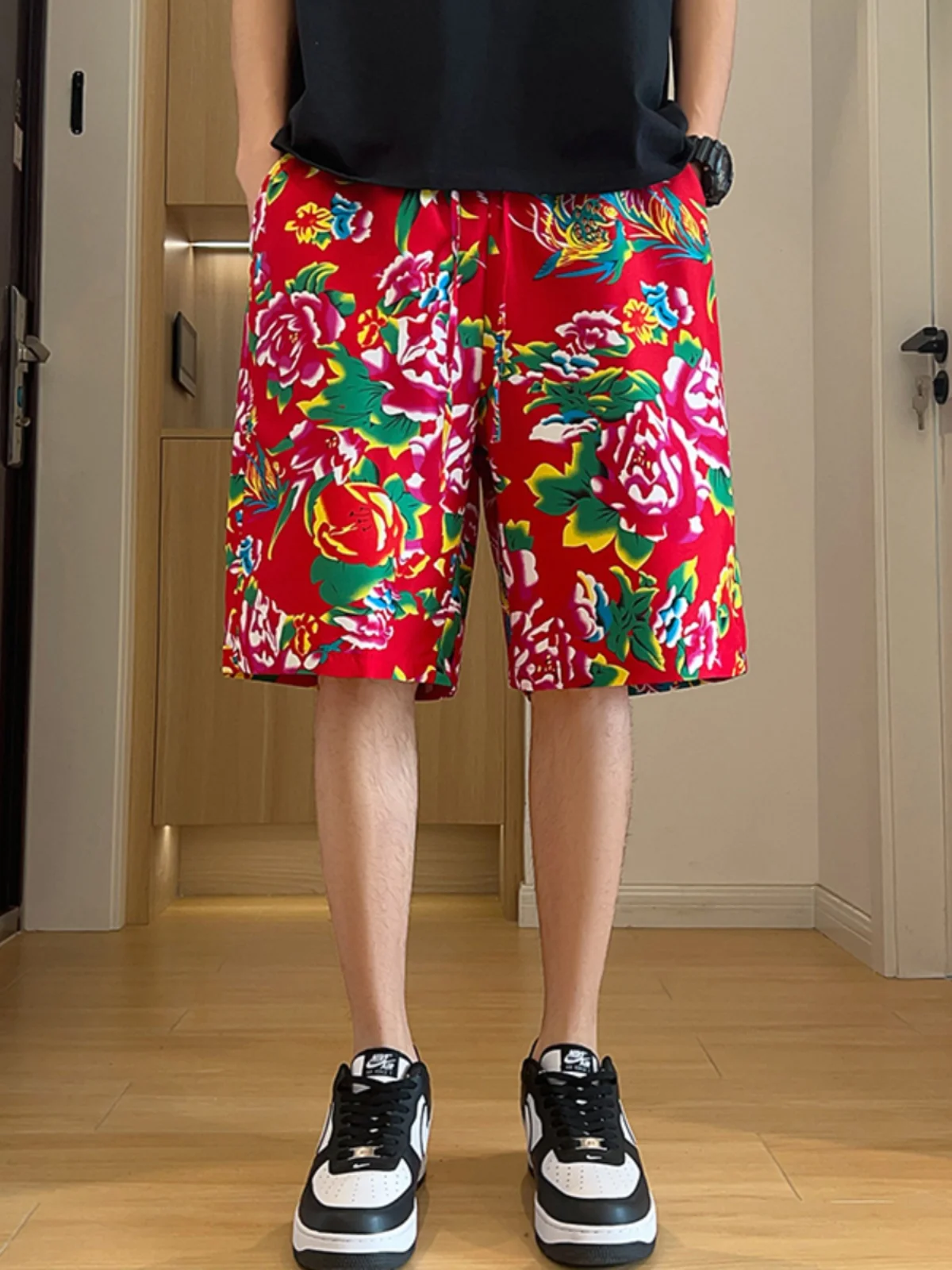 

Мужские пляжные шорты в стиле американского хип-хопа, летние, для активного отдыха, повседневные, свободного кроя, больших размеров, с цветочным принтом в стиле Северо-Востока, модные