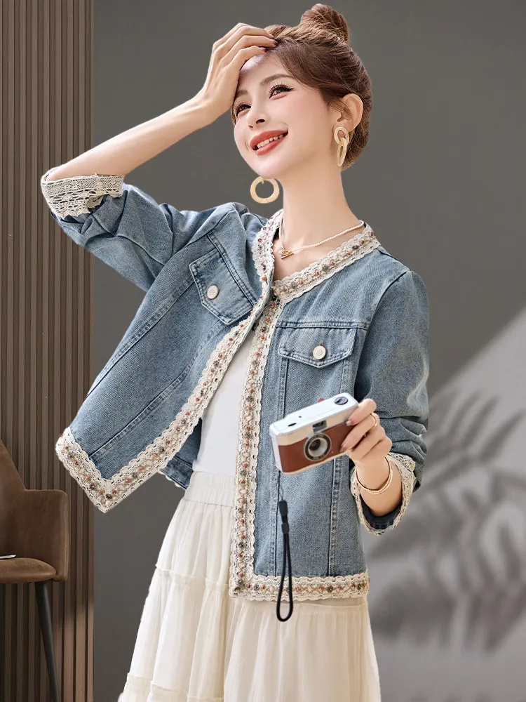 

Spring 2026 Women's Slim Fit Jeans Jaet round Ne Splicing Lace Design Commute Sle ort Coat Straight Tube pe
