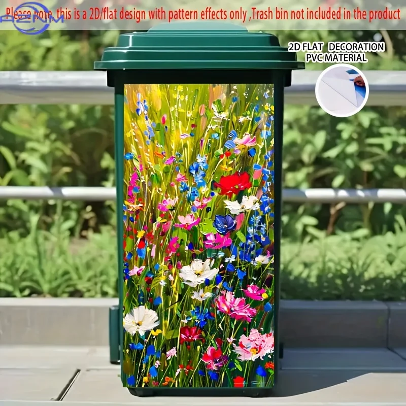 Painted Multicolored Flower Field Self-Adhesive Dustbin Sticker, Durable PVC Decorative Sticker, Wheelie Bin Sticker,  Suitabl