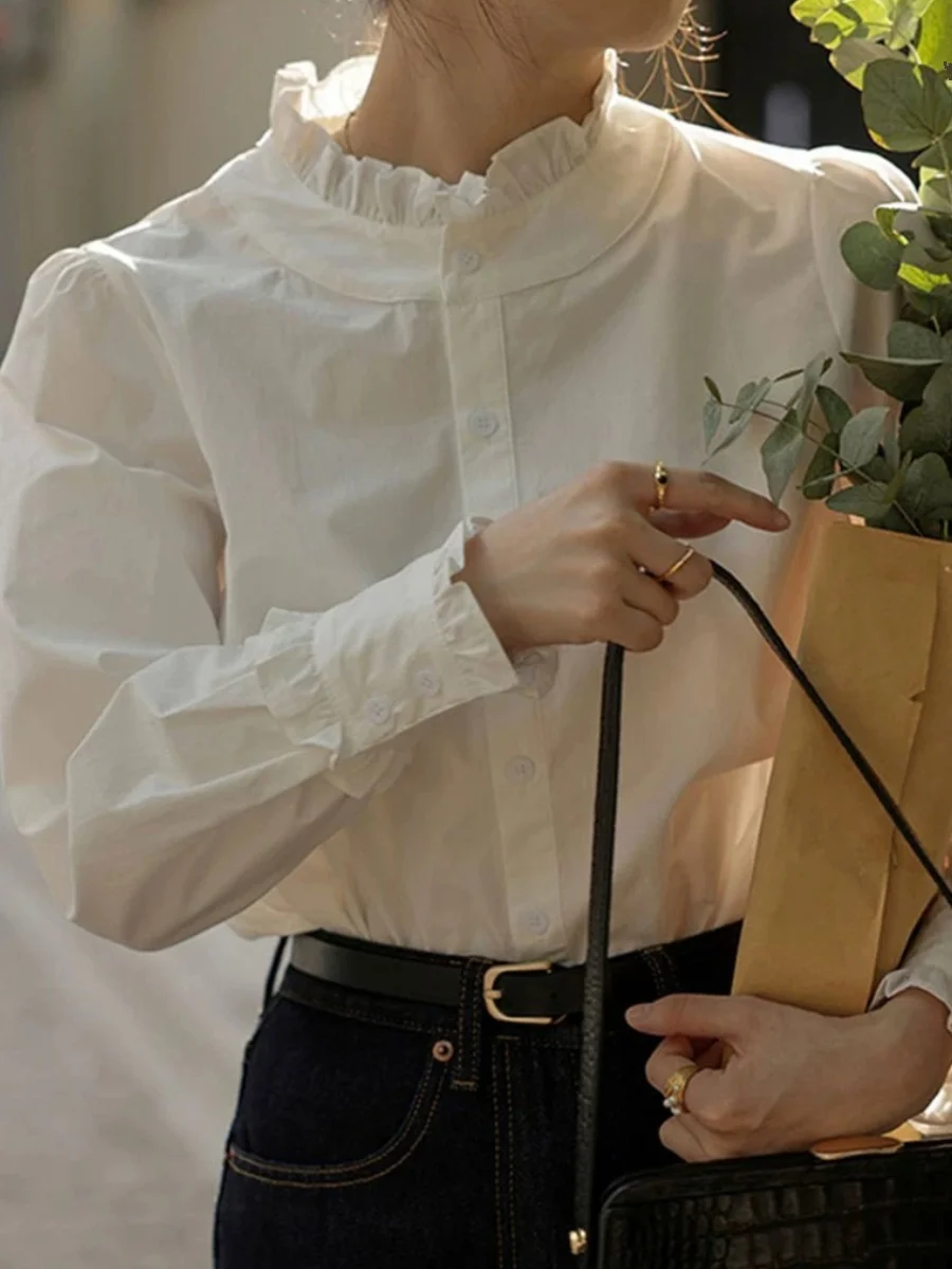 

Белая кружевная блузка с длинным рукавом для женщин, осенне-зимняя новинка, элегантный красивый топ, удобный свободный крой для повседневной носки