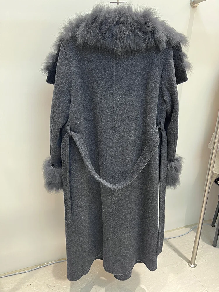 2025 New Women Winter Jacket Natural Fox Fur Collar Long Wool Woolen Coat Ladies Outerwear Streetwear