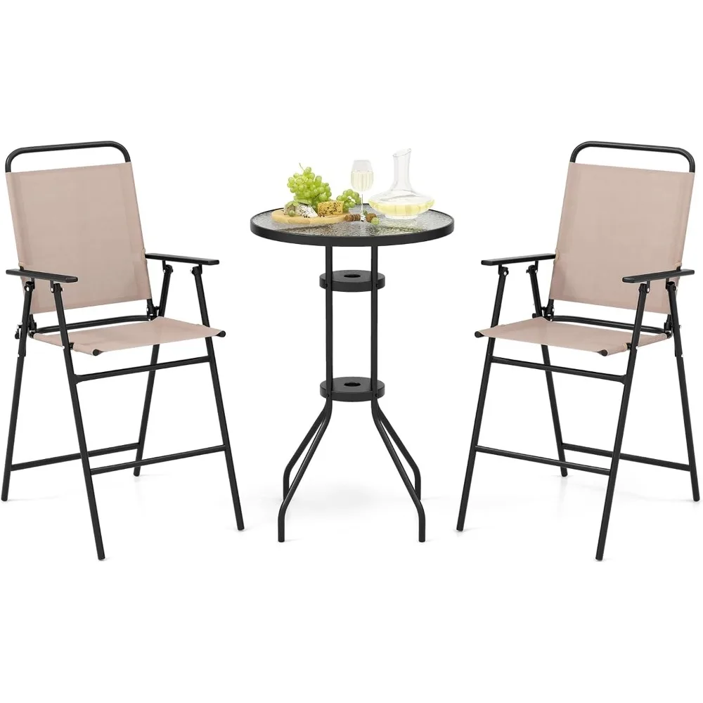 3 PCS Outdoor Bistro Set, Patio Bar Table with 2 Folding Chairs, Round Bar Table with Tempered Glass Top & 1.6