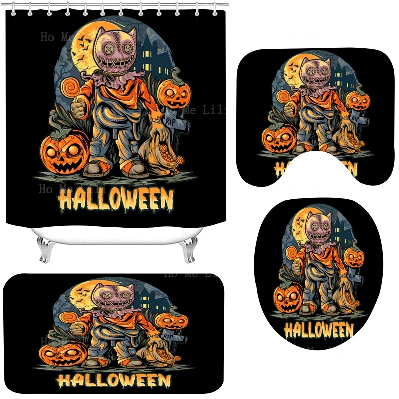 Unique Halloween Pumpkin Graveyard Witch Riding A Magic Broomstick Shower Curtain Sets With Rugs