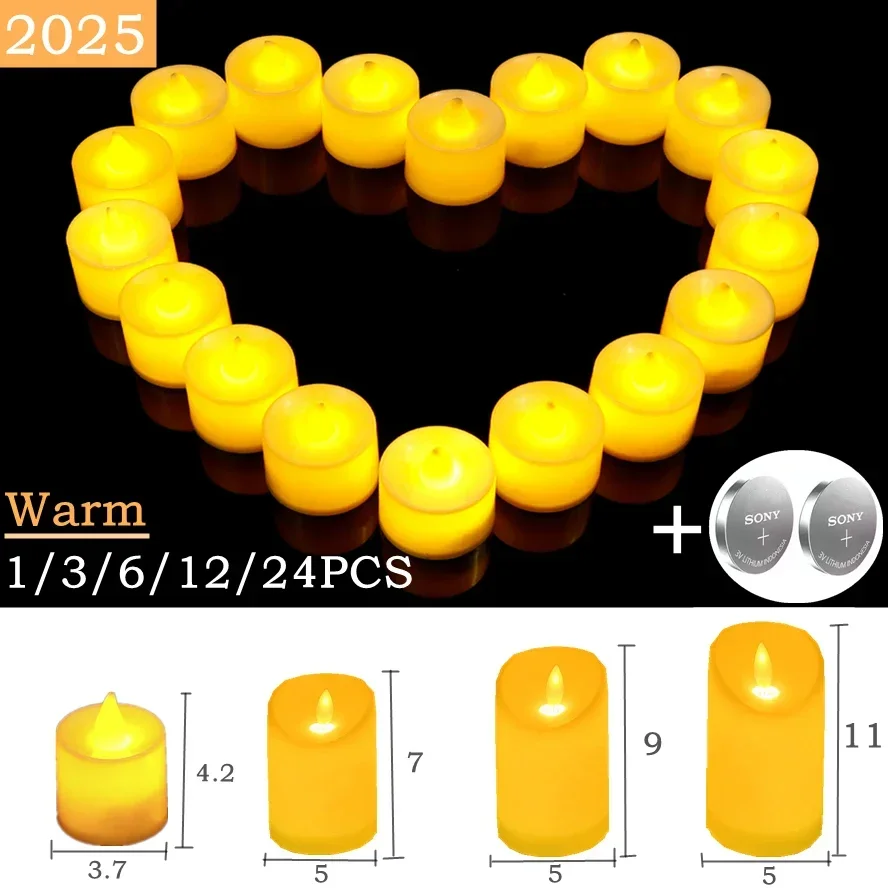 배터리가 달린 LED 촛불 2024, 깜빡이는 티라이트, 불꽃 없는 결혼식, 가정 크리스마스 장식, 따뜻한 조명