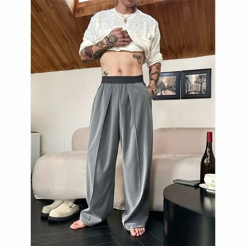 

Contrast color elastic waist trousers men's and women's casual pants simple ice pants summer loose wide-leg trousers tide