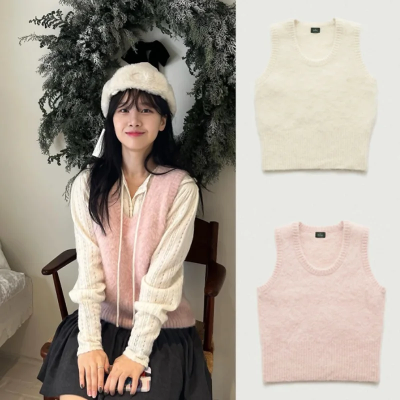 

Casual Pink Alpaca Knitted Vest U-Ne ort Length Faionable Women's Sweater Top Quali Material Blend Spring Season