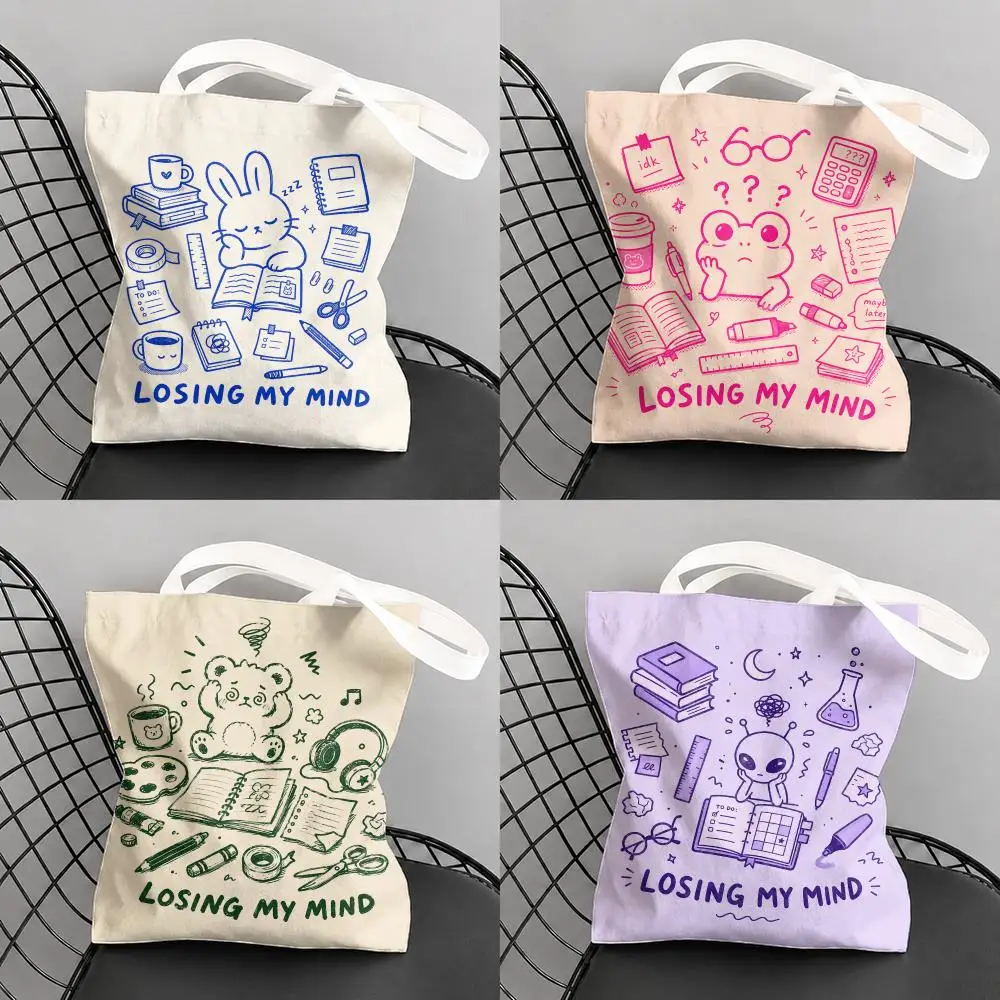 Losing My Mind Character Storage Bags Canvas Tote Bag Large Capacity Reusable For Shopping Commute Grocery Shoulder Bag Gift