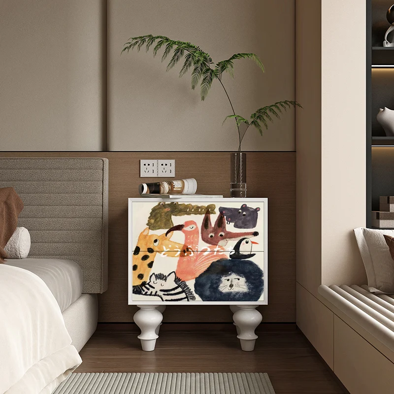 

wood bedside table, bedroom by the bedside storage, drawer cabinet, cartoon children's room, bedside storage chest