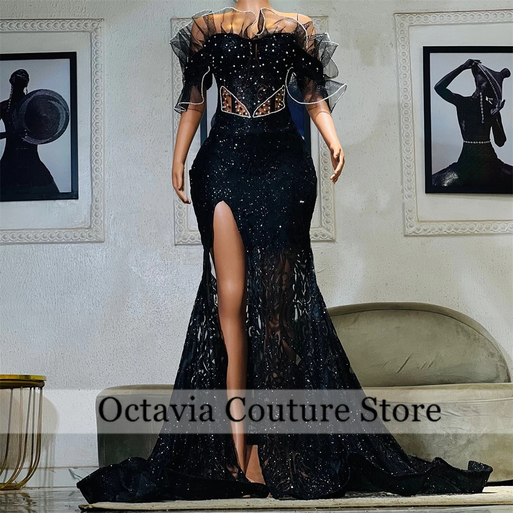Black Bead Crystal Prom Dresses Long Sequin Birthday Dress Women 2025 Off The Shoulder Split Evening Dresses Customized