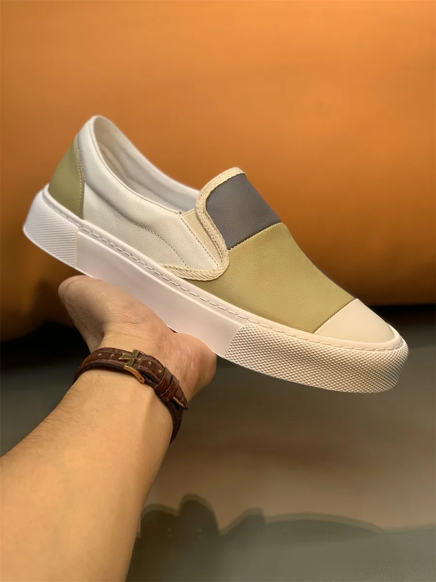Spring New Men's Leather Thick Soled Simple and Fashionable Color Blocked Casual Board Shoes