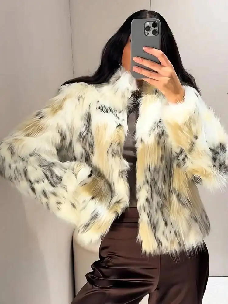 2026 Winter Animal Print Fluffy Faux Fur Coats For Women Chic Thick Warmth Stand Collar Jacket Street Lady Long Sleeve Outerwear