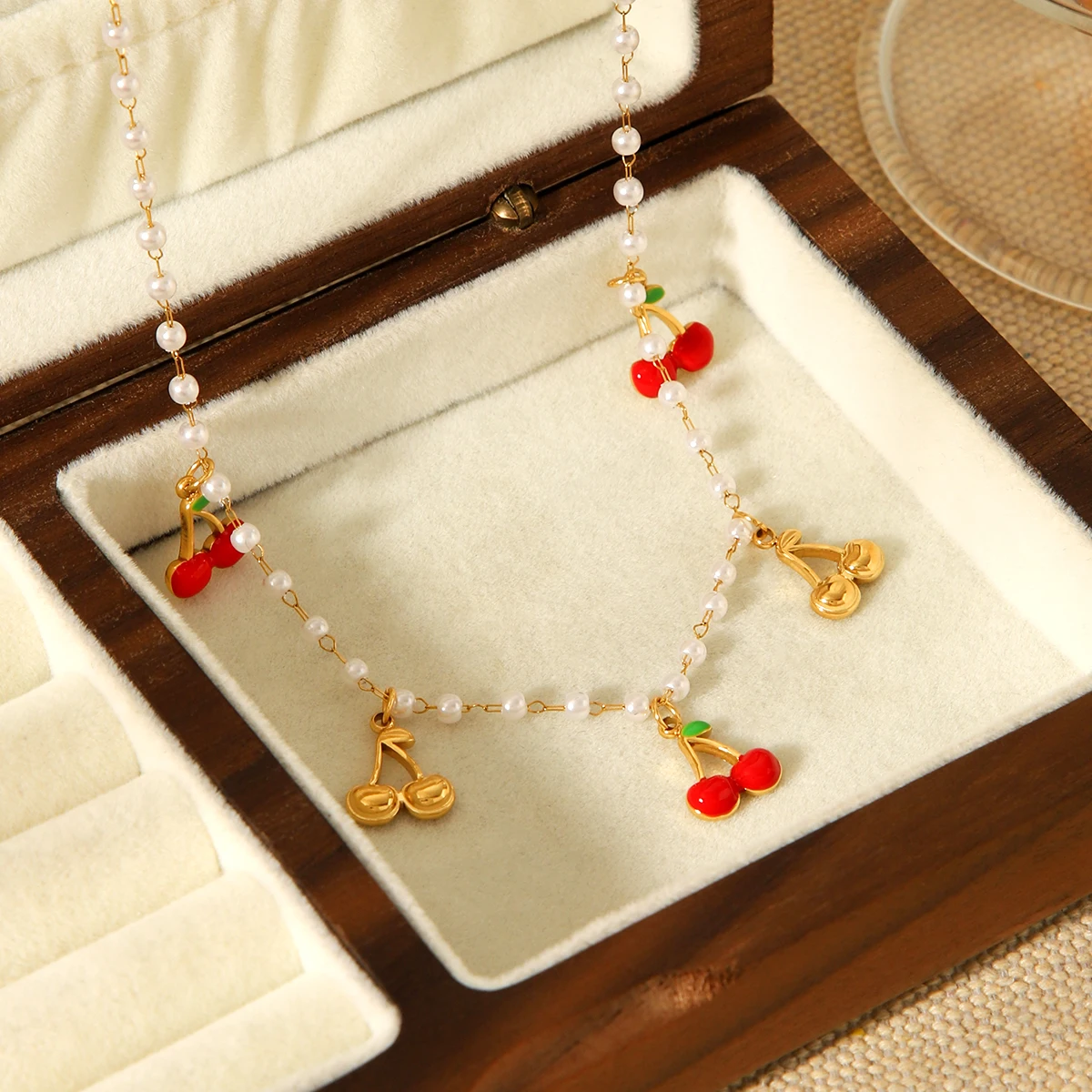 

Huang Chao Red Cherry Pearl Pendant Necklace Sweet And Simple Women Stainless Steel Necklace Trendy Jewelry Gift Set