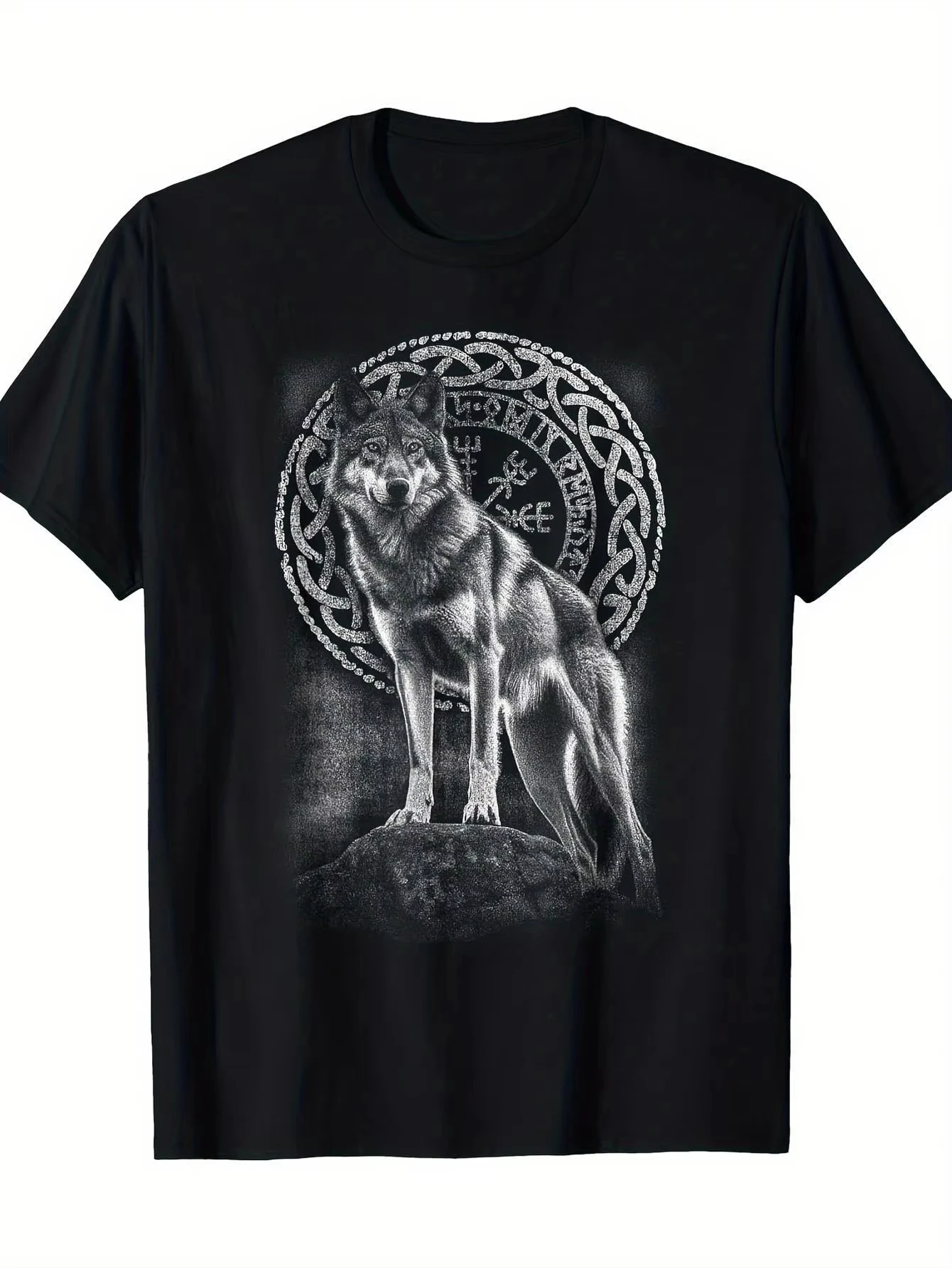 Men's Summer 100% Cotton Wolf Print Round Neck T-shirt Black Casual Hiking Outdoor Activities Gym Soft Breathable Short Sleeve