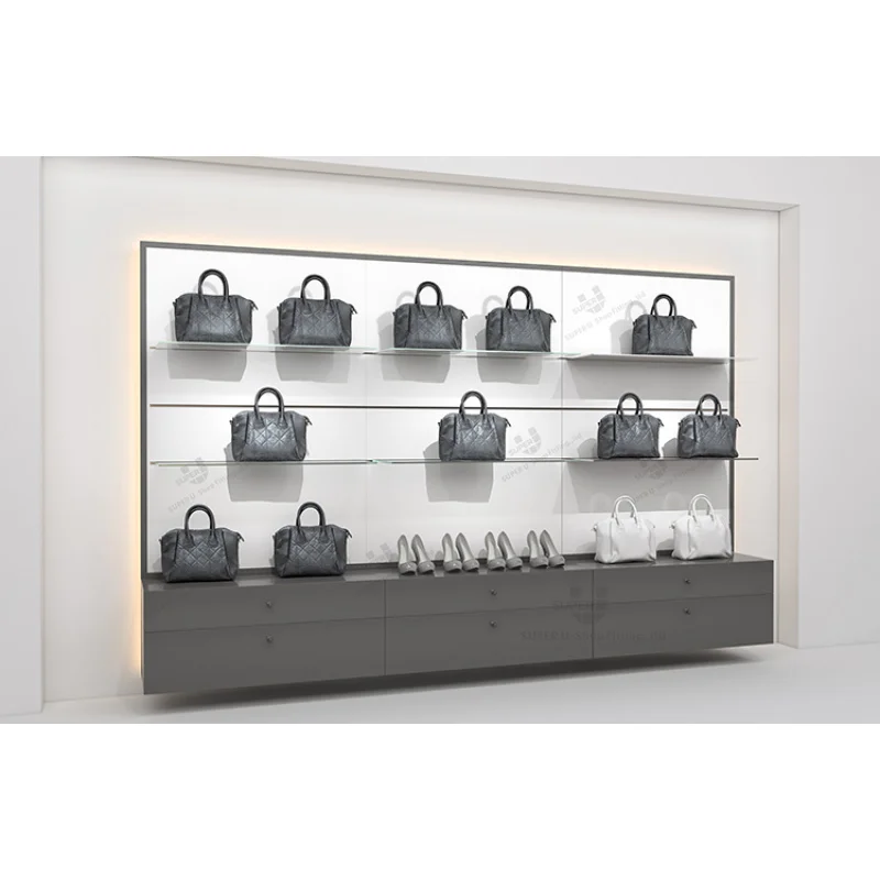 (Op Maat) Op Maat Gemaakte Fabrieksprijs Mdf Houten Metalen Frame Tassen Display Wandrek Boetiek Mode Handtas Displaystandaard