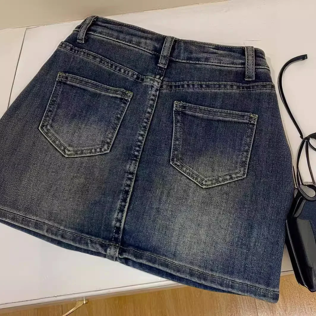 Retro vintage denim short skirt for petite women 2024 summer new high waisted plus size loose and versatile anti slip skirt