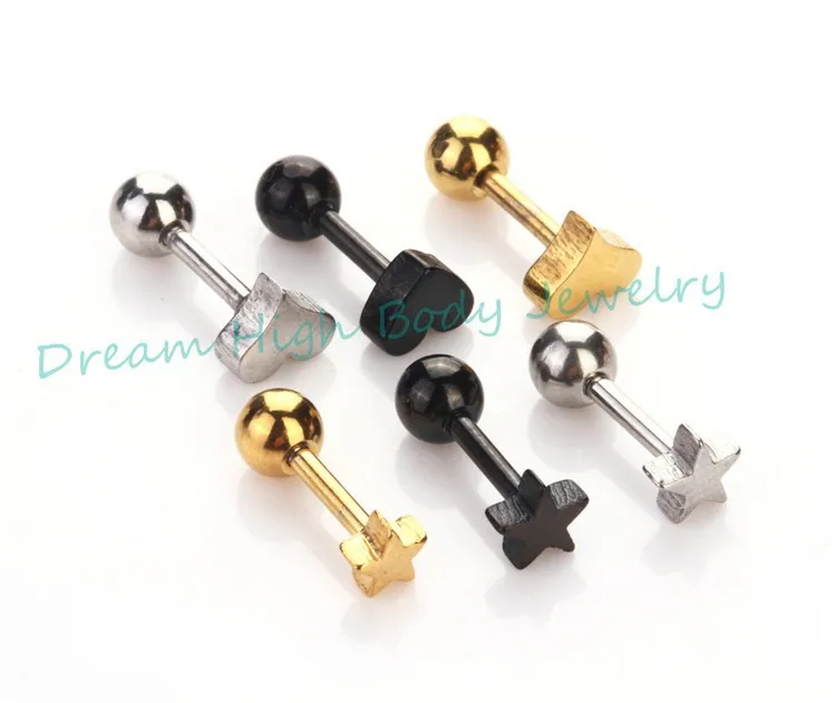 

Heat Ear Stud bone nail Earring Vacuum Plating Titanium Black Steel Star Ball 60pcs Body cartilageTragus Piercing Jewelry