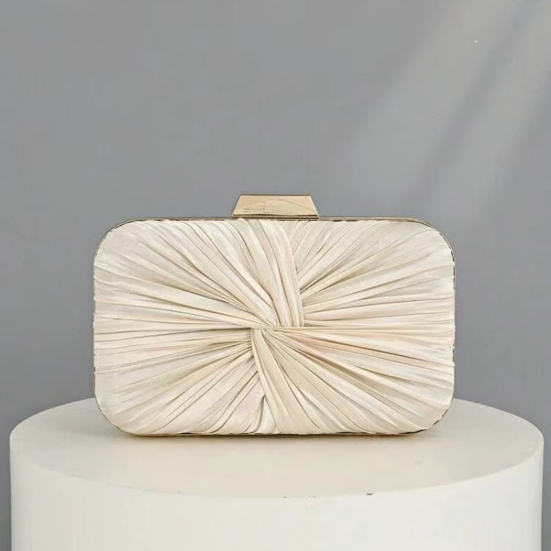 Cross-knot Pleated Satin Evening Clutch Female Stylish Apricot Color Handbag Wedding Party Small Square Box Purse Sacs De Soirée