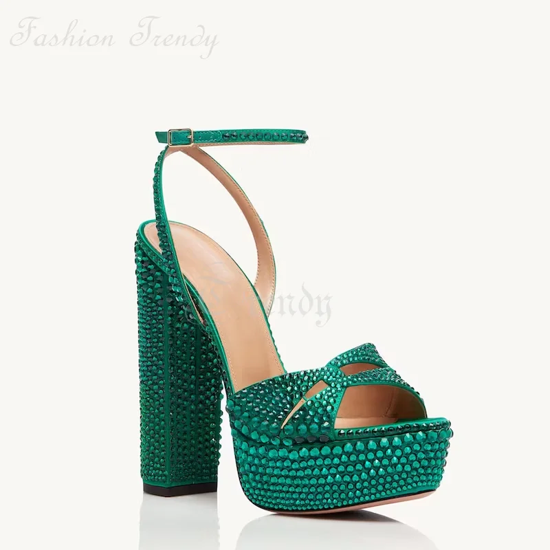 Light Skin Tone Crystal Chunky Heels Women Open Sandal Green Suede Silver Sequined Pump Square Light Buckle Elegant Wedding Shoe