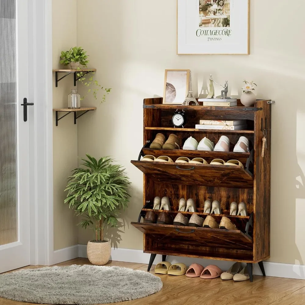 

Farmhouse Shoe Cabinet with 2 Flip Drawers Freestanding Organizer with Cubby and Shelf Narrow ShoesRack w/Legs & Door Handle