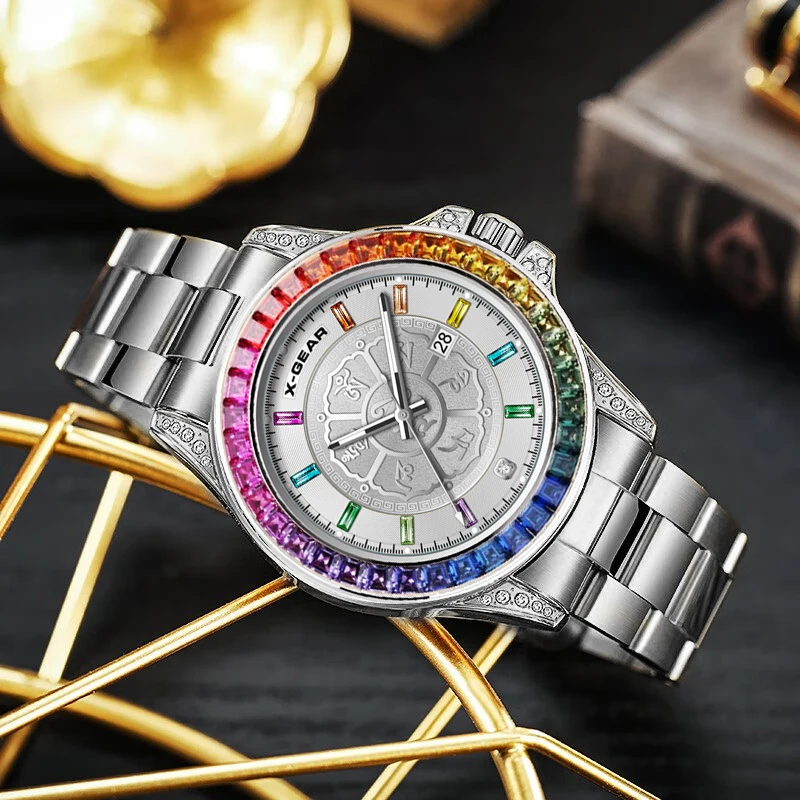 Men's Rainbow Bezel Quartz Watch, Colored Diamond, High-Quality, Big, Three Hands, Luminescent, Waterproof, Fashion