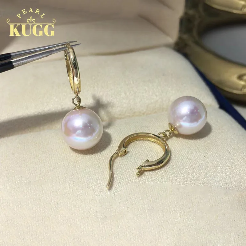 

KUGG PEARL 18k Yellow Gold Earrings 8-8.5mm Natural Akoya White Pearl Earrings Elegant Handmade Jewelry Hoop Design for Women