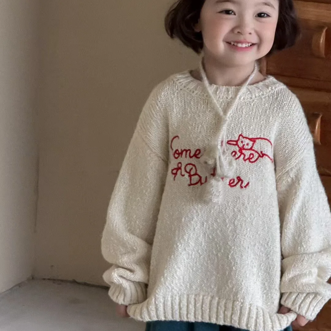 Girls Hook Flower Letter Sweater 2026 Autumn New Korean Children Clothing Baby Versatile Knitted Top