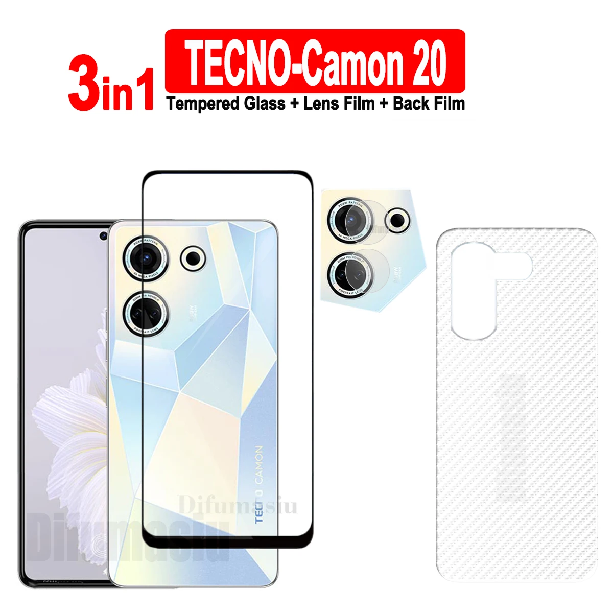 

For Tecno Camon 20 Tempered Glass Screen Protectors Soft Camera Lens Protector Full Cover Screen Glass 3in1 Back Film