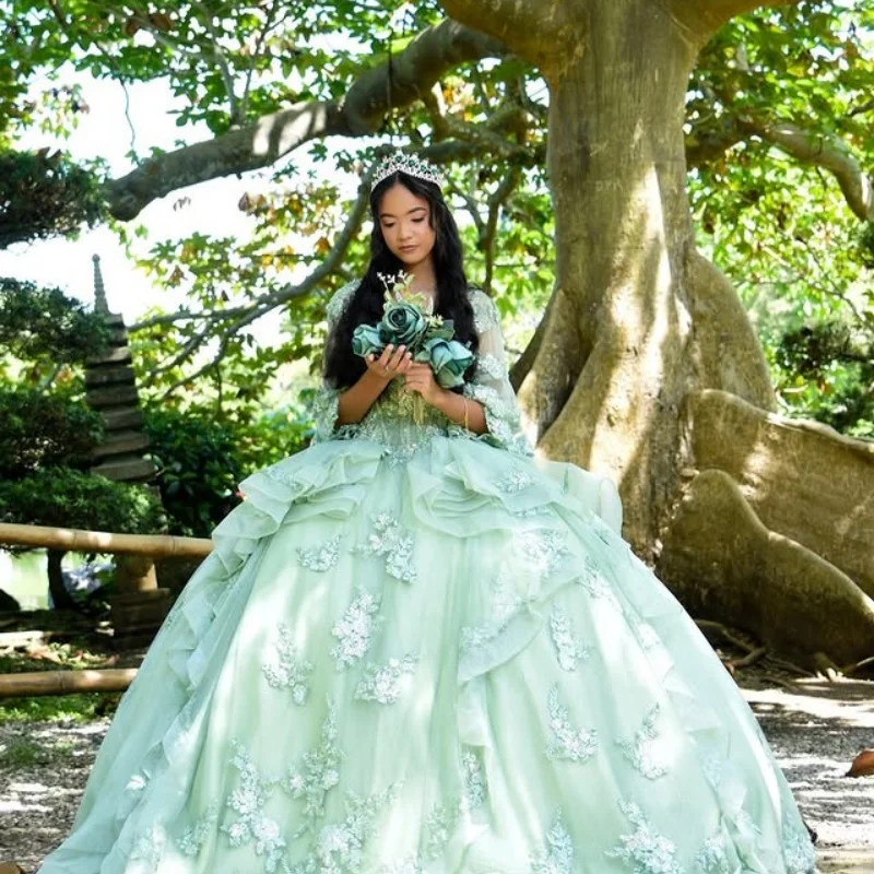 Maßgeschneidertes, schulterfreies Quinceanera-Kleid in Mintgrün mit Paillettenapplikation, Tüll, Spitze, 3D-Blume, Vestidos de 15 Quinceanera