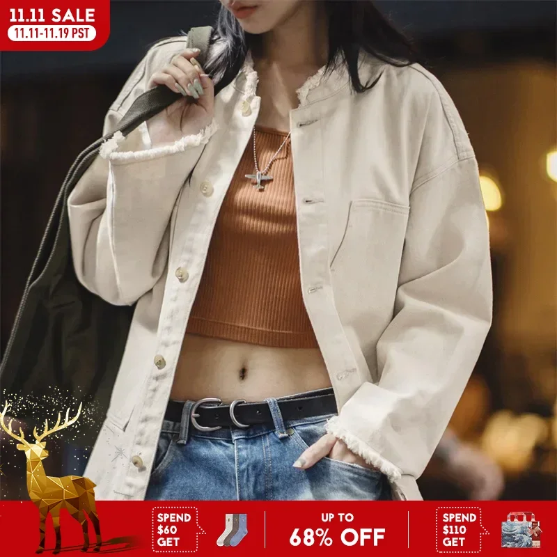 

Maden Women's Vintage Heavyweight Denim Jacket Casual White Loose Fit Pure Cotton Single-breasted Denim Coat for Autumn Winter