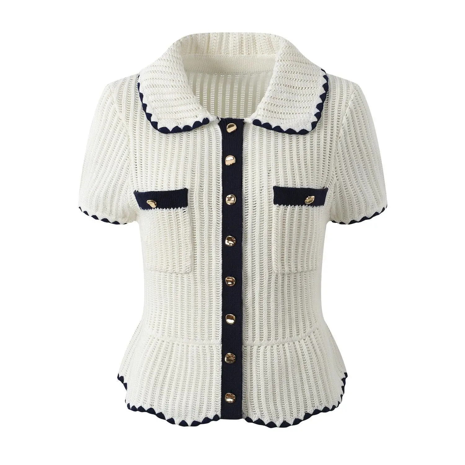 

2024 New Autumn Women's Single Breasted Hollow Out Knitted Cardigan Top Contrast Crochet Trim Short Sleeve Elegant Knitwear G663