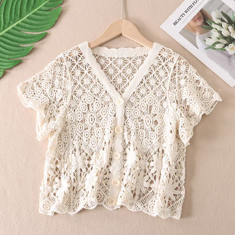 

Soft Cotton Lace Hook Flower ort Sve Women's Sweater Sweet Sle Pure Color V-Ne Batwing Sve Summer Cardigan