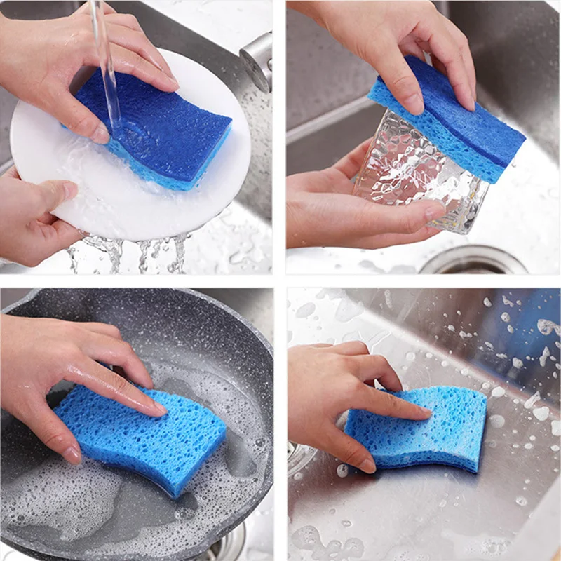 2/5/10Pcs Dishwashing Pad Oil-resistant Double-sided Cleaning Sponge Reusable Safe Wood Cotton Pulp Tools Kitchen Accessories