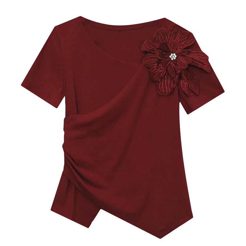 MadBlack-Women European T-Shirt, Sexy Skew Collar Patchwork, Clubwear Short Sleeve Slim Irregular Tee, 2026 Summer New T66405CC