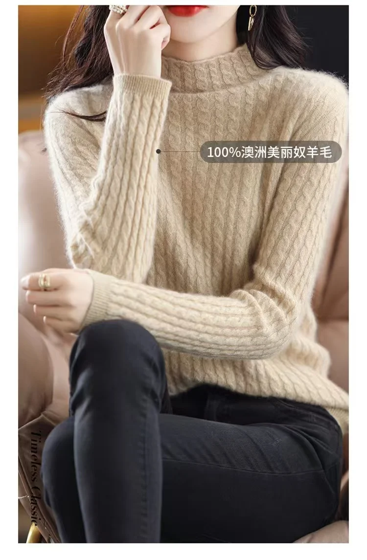 100% pure cashmere sweater women's gold silk twist sweater warm bottoming in autumn and winter.