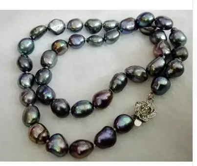 Genuine  9-10mm black blue green brown gray colors baroque pearl necklace real natural Beads wedding Women Gift word 925 silver