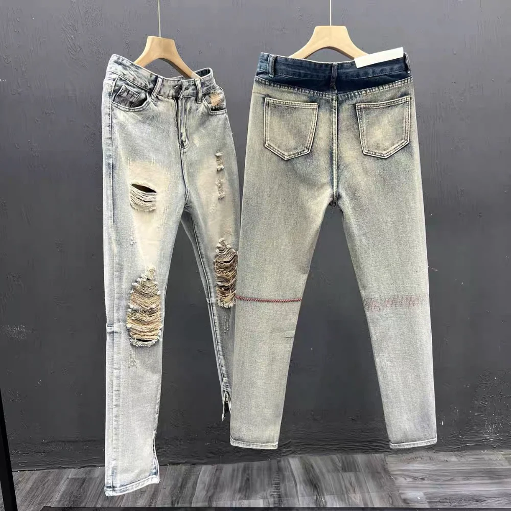 Hole ripped jeans men Slim Fit Skinny jeans Hip hop fashion Streetwear patchwork jeans Elasticity Gothic pants men pantalon