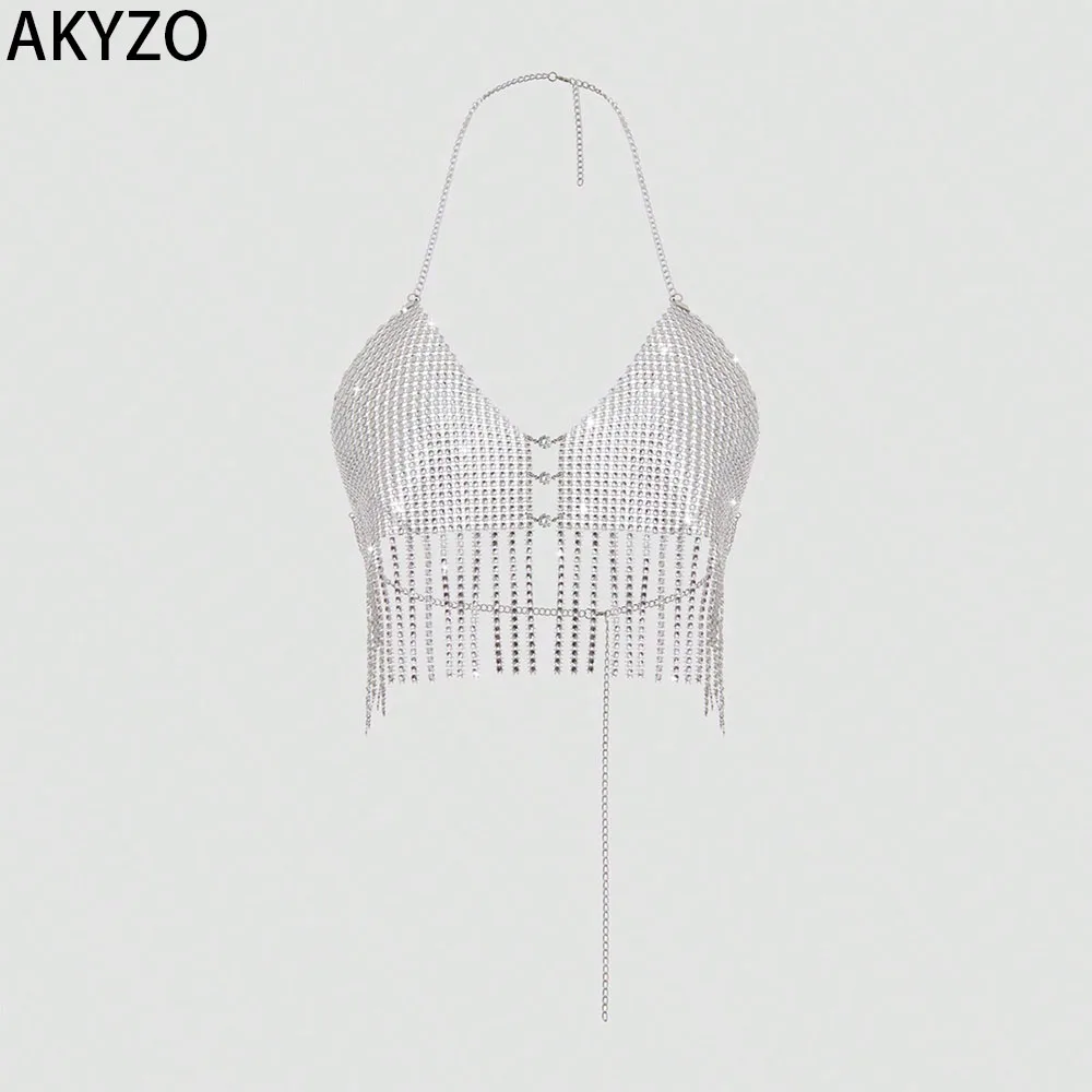 AKYZO Sultry Hollow Out Rhinestone Tassel Halter Neck Top Backless Sexy Solid Color Non Elastic Nylon Material Hand Wash Only Pe