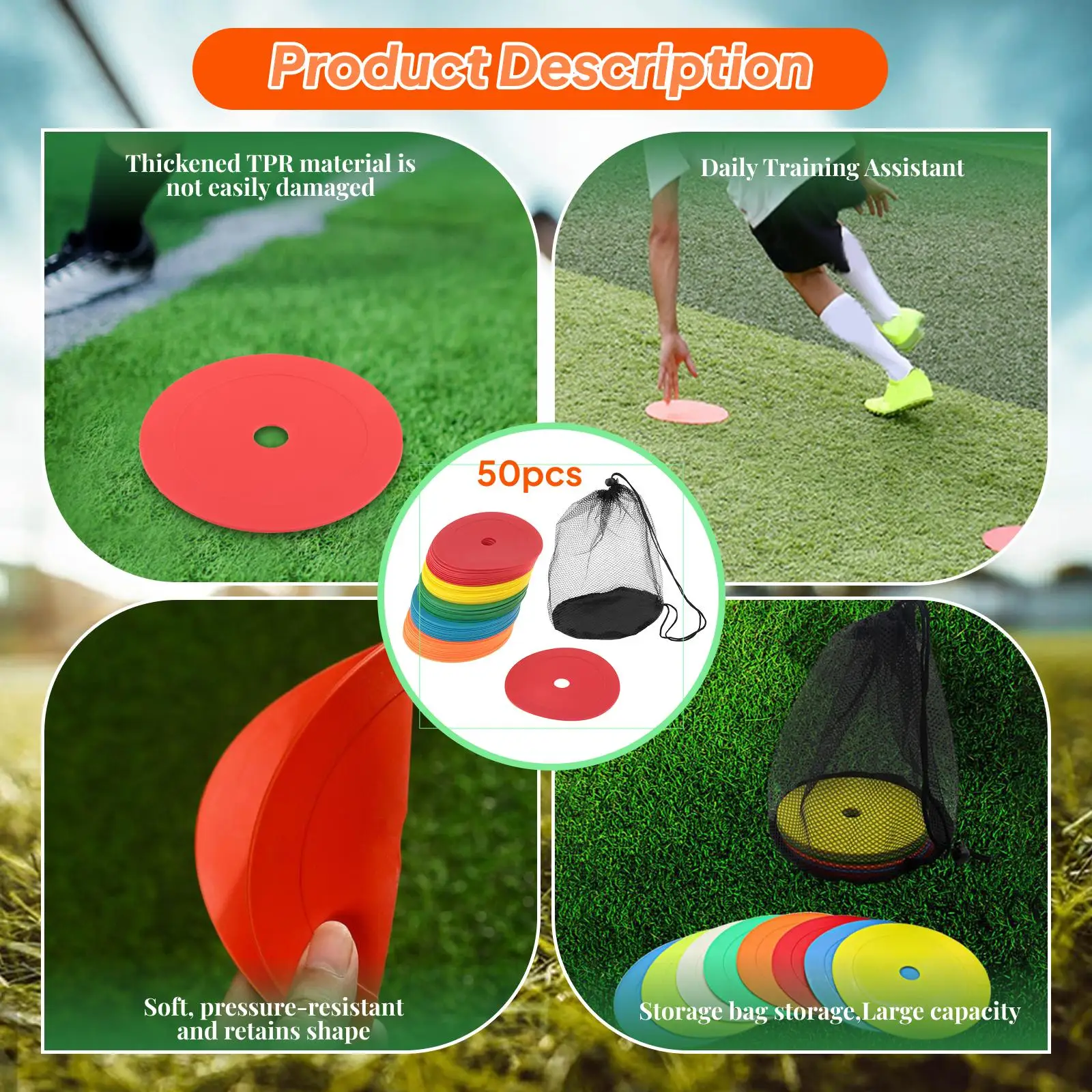 50 قطعة علامات البقع المخاريط المسطحة ثقب الأرضية المستديرة عدم الانزلاق 6 بوصة كرة القدم التدريب المخاريط علامات المحكمة الميدانية للمدربين