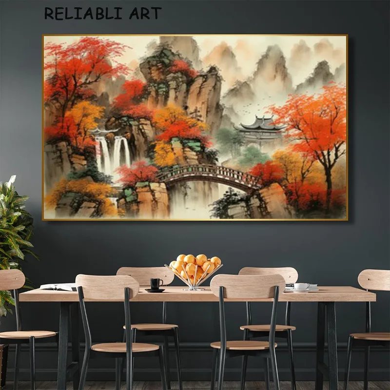 Chinese Style Mountain Waterfall Ink landscape Poster and Prints Canvas Painting Wall Art for Living Room Home Decor No Frame