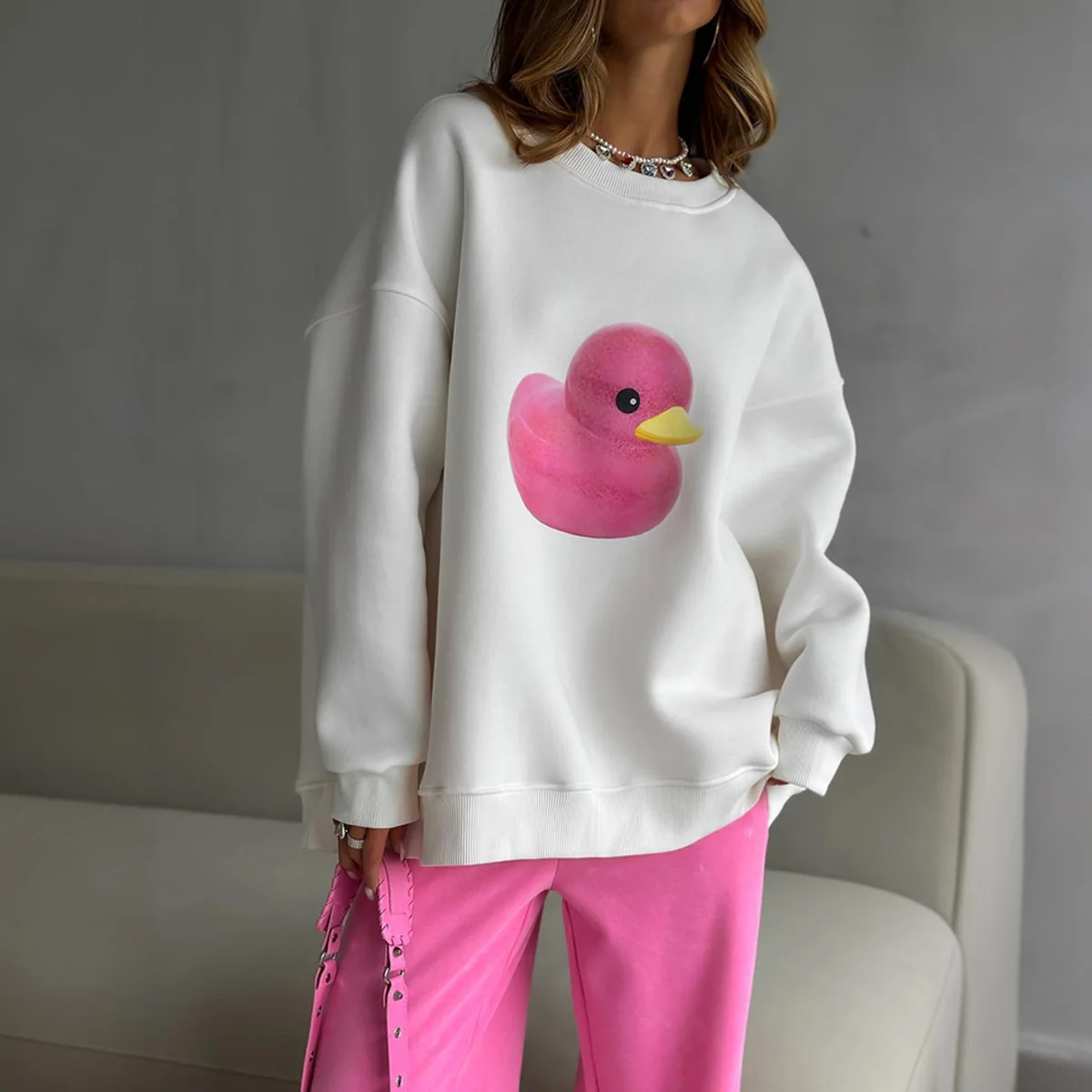 Duck Round Neck Sweatshirt for Women2025 Autumn New Style for Women Simple Casual Loose Round Neck Printed Sweatshirt